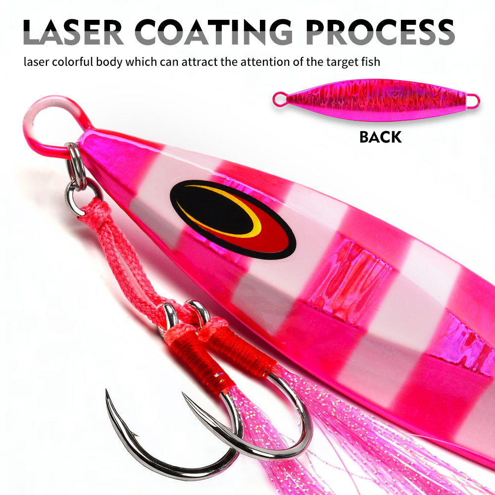 KATYUSHA Saltwater Luminous Striped Vertical Jigging Bait 100/ 150/ 200/ 250/ 300g Fast Sinking Jig for Offshore Fishing(with Assist Hook)