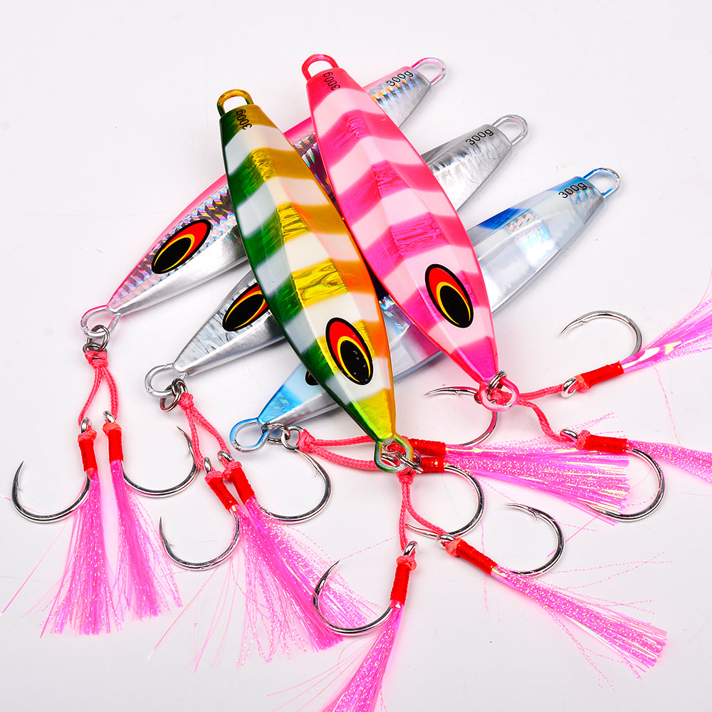 KATYUSHA Saltwater Luminous Striped Vertical Jigging Bait 100/ 150/ 200/ 250/ 300g Fast Sinking Jig for Offshore Fishing(with Assist Hook)