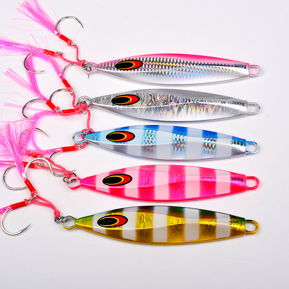KATYUSHA Saltwater Luminous Striped Vertical Jigging Bait 100/ 150/ 200/ 250/ 300g Fast Sinking Jig for Offshore Fishing(with Assist Hook)