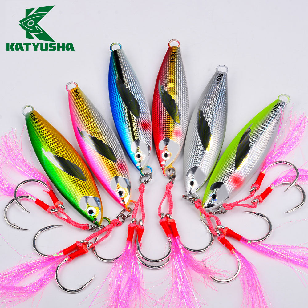 KATYUSHA Saltwater Vertical Jigging Bait, Lifelike Wing Design Metal Jig Lure, 30g-150g, 6 Colors（ with Assist Hook）