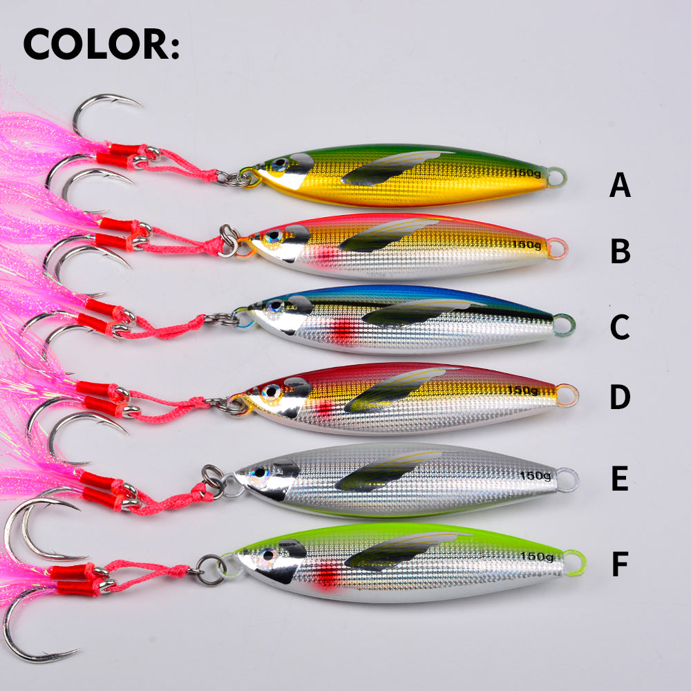 KATYUSHA Saltwater Vertical Jigging Bait, Lifelike Wing Design Metal Jig Lure, 30g-150g, 6 Colors（ with Assist Hook）