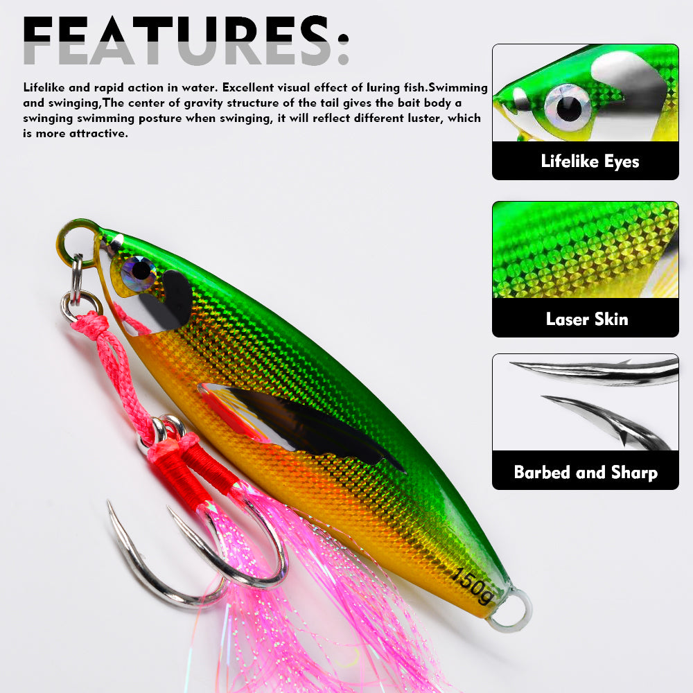 KATYUSHA Saltwater Vertical Jigging Bait, Lifelike Wing Design Metal Jig Lure, 30g-150g, 6 Colors（ with Assist Hook）