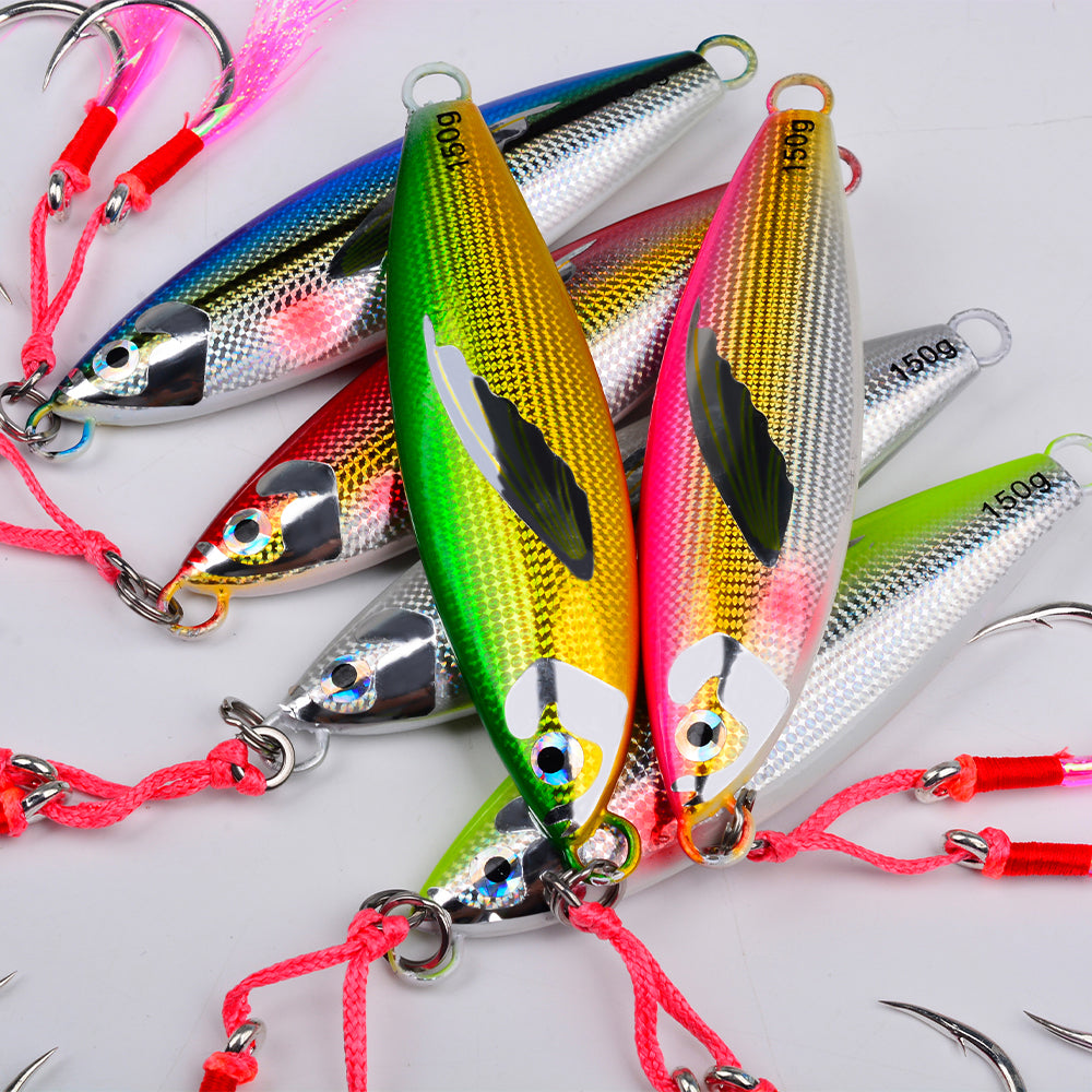 KATYUSHA Saltwater Vertical Jigging Bait, Lifelike Wing Design Metal Jig Lure, 30g-150g, 6 Colors（ with Assist Hook）