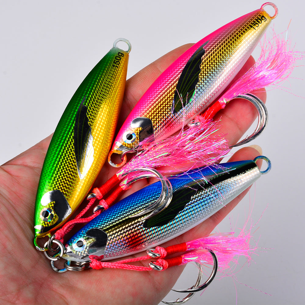KATYUSHA Saltwater Vertical Jigging Bait, Lifelike Wing Design Metal Jig Lure, 30g-150g, 6 Colors（ with Assist Hook）
