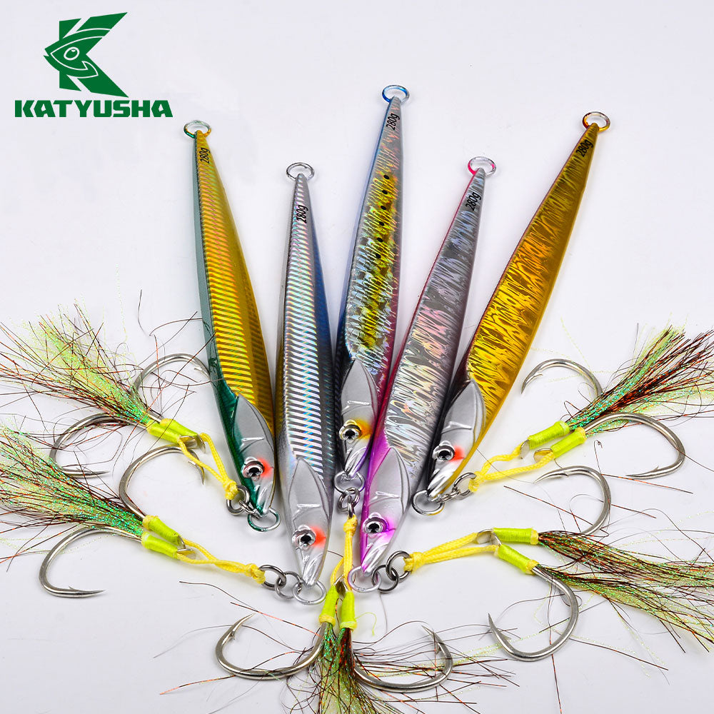 KATYUSHA Saltwater Vertical Jigging Bait with Realistic Fish Head Design Metal Jig Lure, 80g-300g, Multi-Color Options, with Assist Hook
