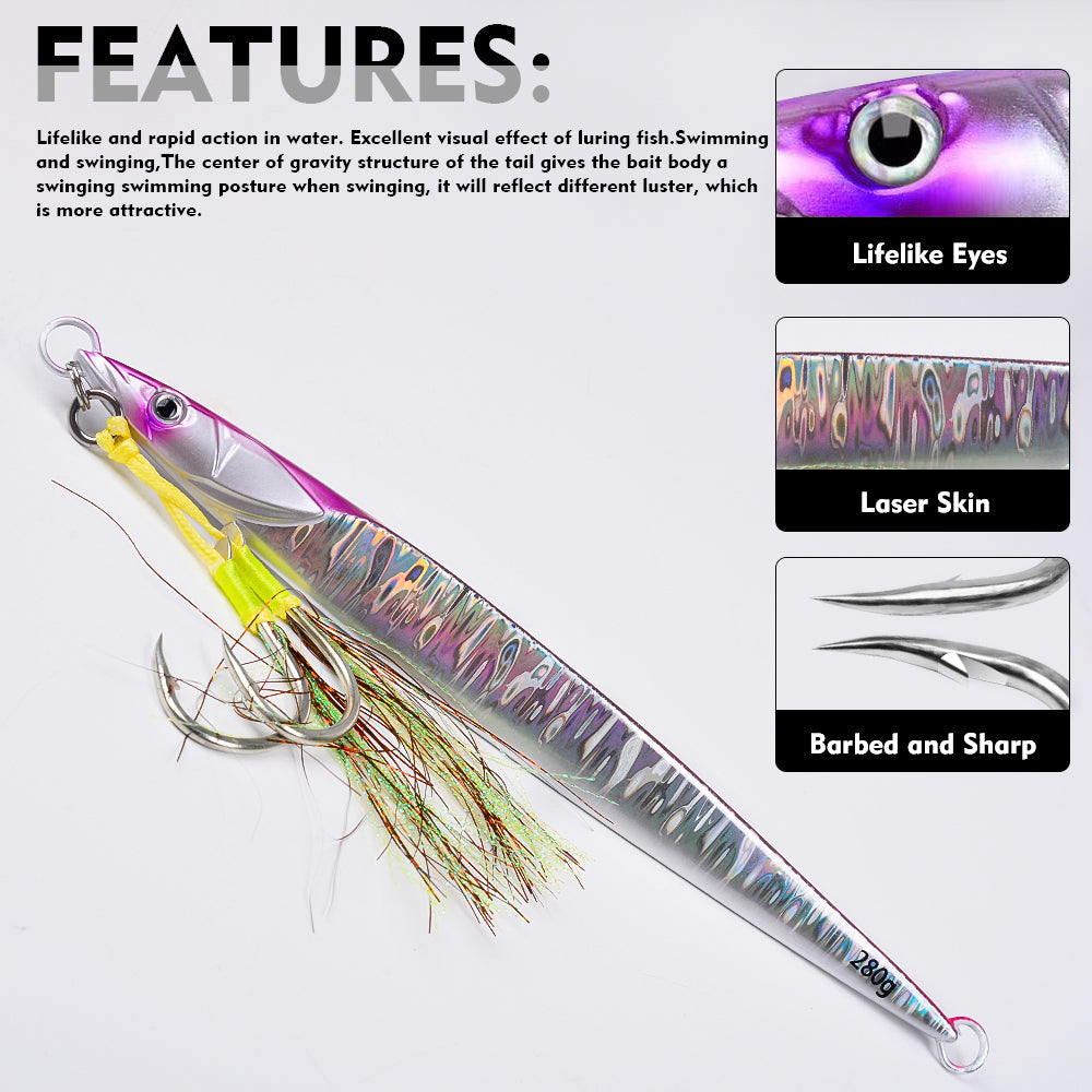 KATYUSHA Saltwater Vertical Jigging Bait with Realistic Fish Head Design Metal Jig Lure, 80g-300g, Multi-Color Options, with Assist Hook