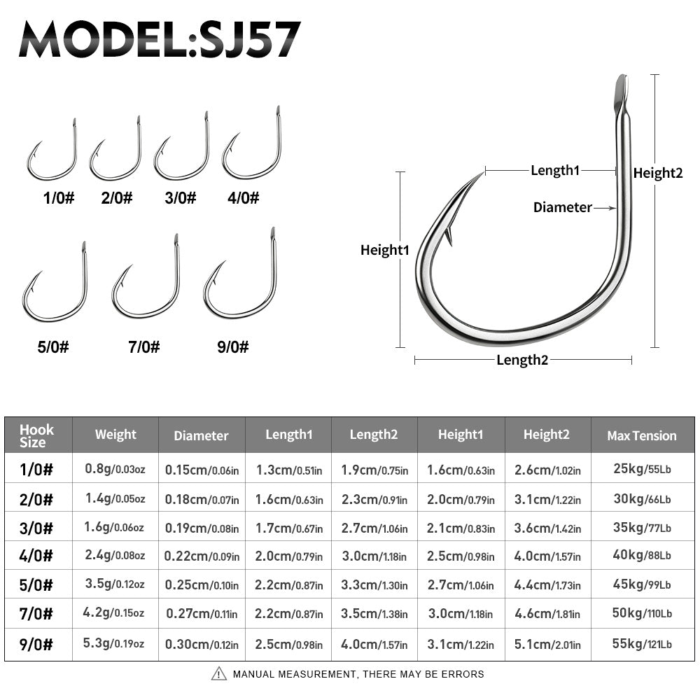 KATYUSHA SJ57 Stainless Steel Circle Fishing Hooks, 1/ 0#-9/ 0# Heavy Duty Hooks
