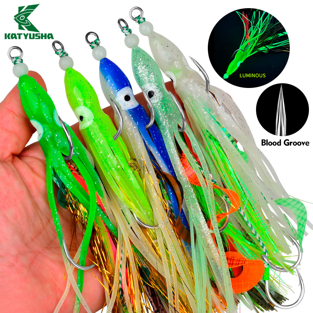 KATYUSHA Squid Skirt Lure, 10.5-18g/ 17cm, 1/ 0#-4/ 0# Blood Groove Hook, Luminous Tail, for Tuna/ Marlin