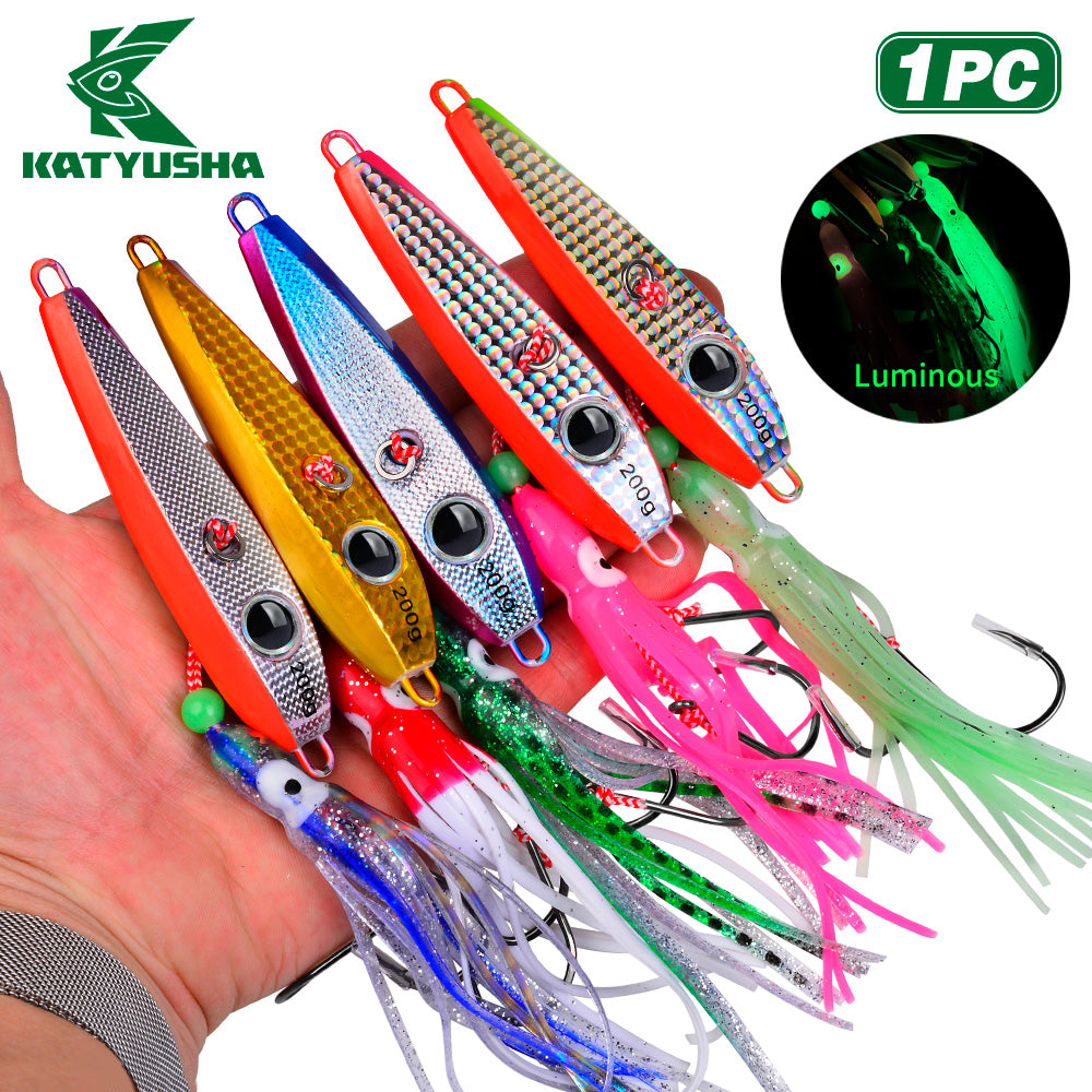 KATYUSHA Metal Jig Lure, 60g-200g, with Luminous Squid Assist Saltwater Deep-Sea Jigging Bait with Squid Skirt