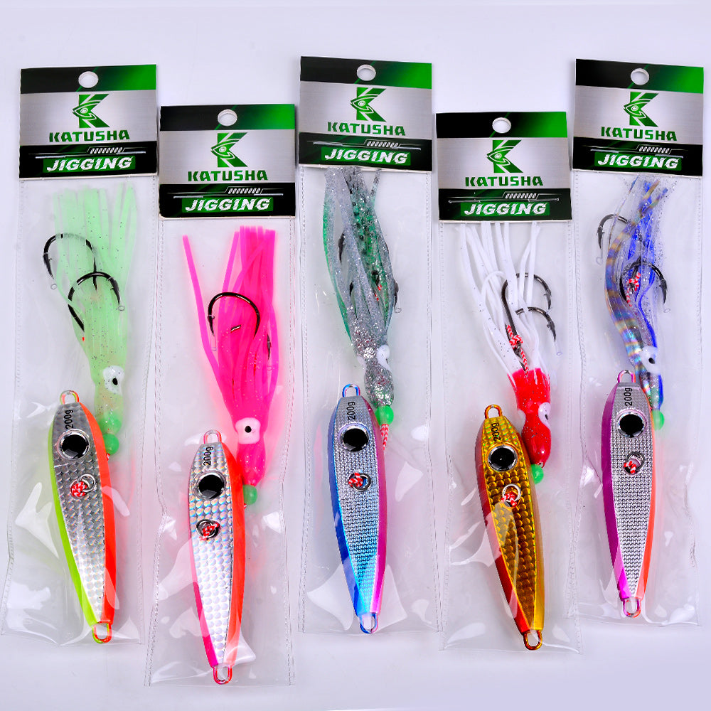 KATYUSHA Metal Jig Lure, 60g-200g, with Luminous Squid Assist Saltwater Deep-Sea Jigging Bait with Squid Skirt