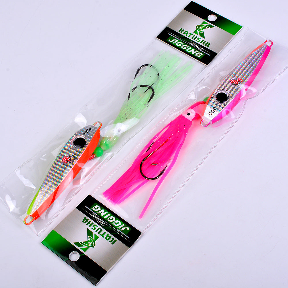 KATYUSHA Metal Jig Lure, 60g-200g, with Luminous Squid Assist Saltwater Deep-Sea Jigging Bait with Squid Skirt