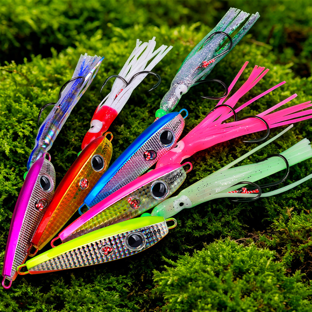 KATYUSHA Metal Jig Lure, 60g-200g, with Luminous Squid Assist Saltwater Deep-Sea Jigging Bait with Squid Skirt
