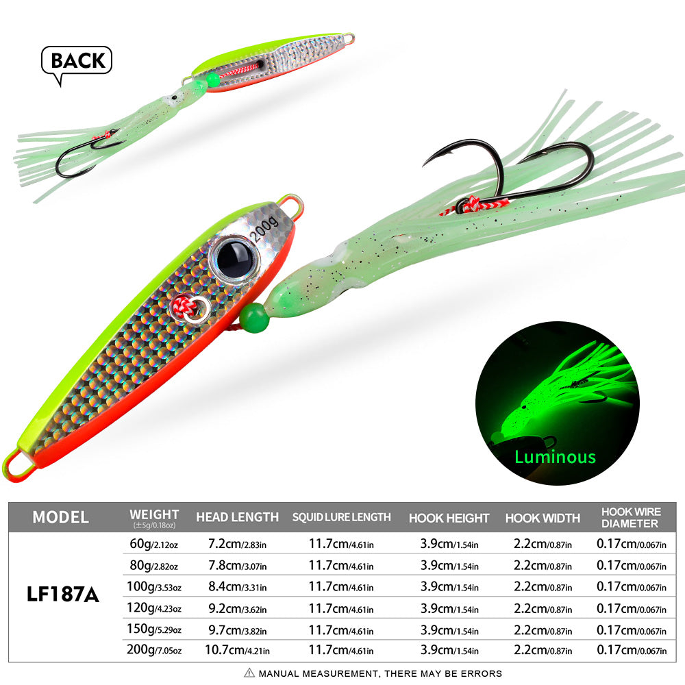 KATYUSHA Metal Jig Lure, 60g-200g, with Luminous Squid Assist Saltwater Deep-Sea Jigging Bait with Squid Skirt