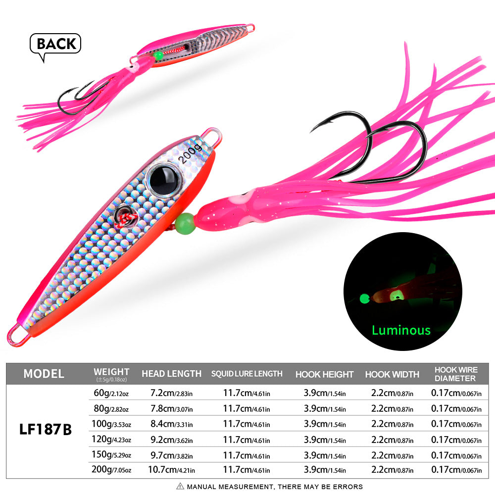 KATYUSHA Metal Jig Lure, 60g-200g, with Luminous Squid Assist Saltwater Deep-Sea Jigging Bait with Squid Skirt