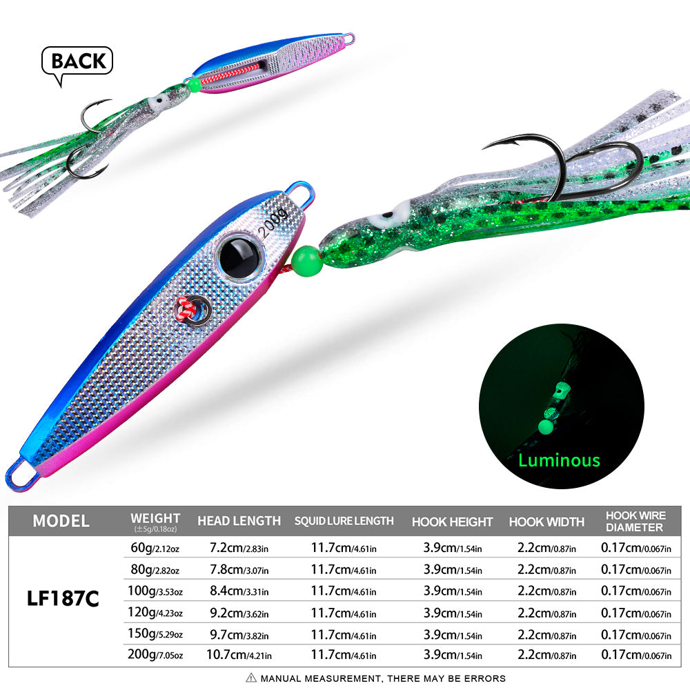 KATYUSHA Metal Jig Lure, 60g-200g, with Luminous Squid Assist Saltwater Deep-Sea Jigging Bait with Squid Skirt