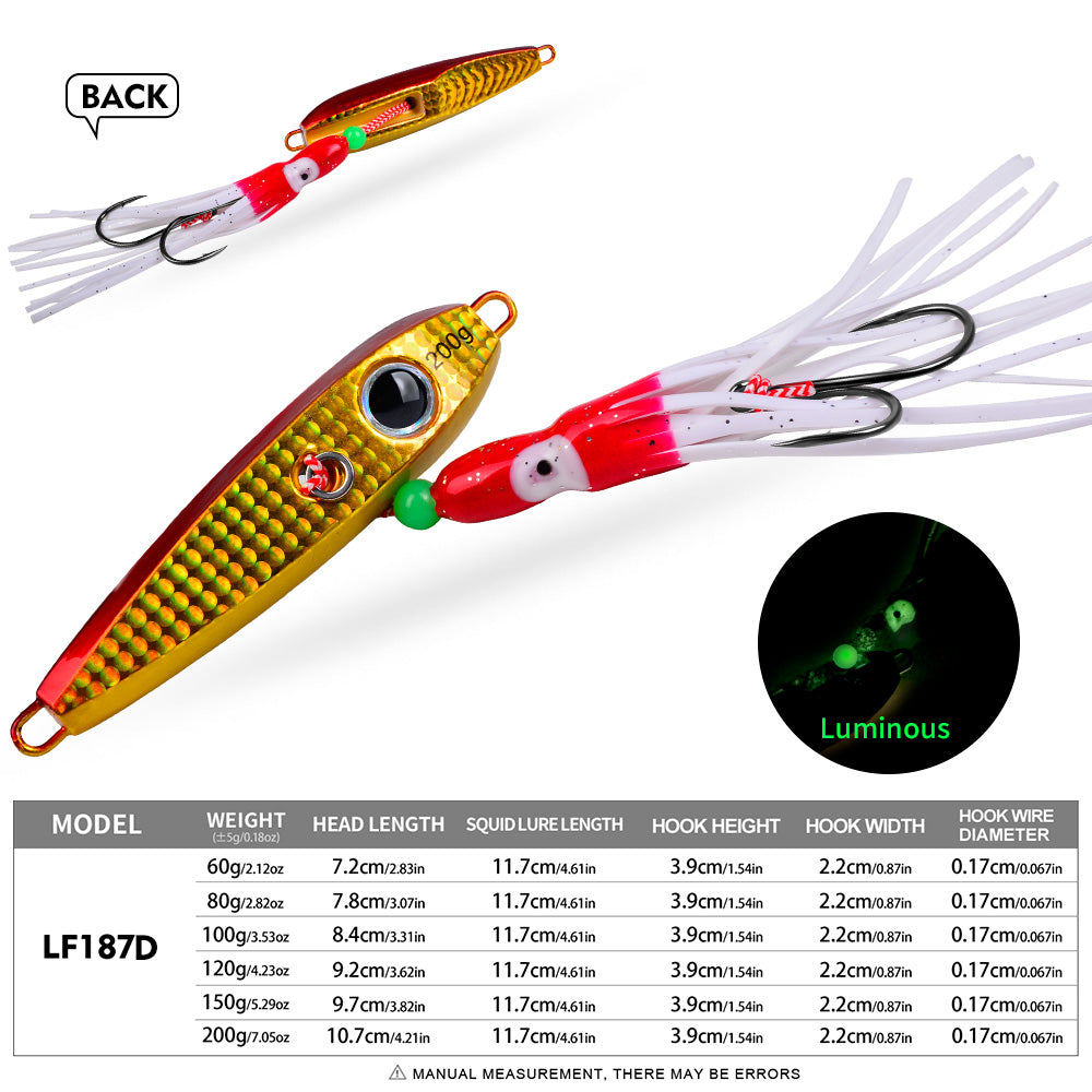 KATYUSHA Metal Jig Lure, 60g-200g, with Luminous Squid Assist Saltwater Deep-Sea Jigging Bait with Squid Skirt