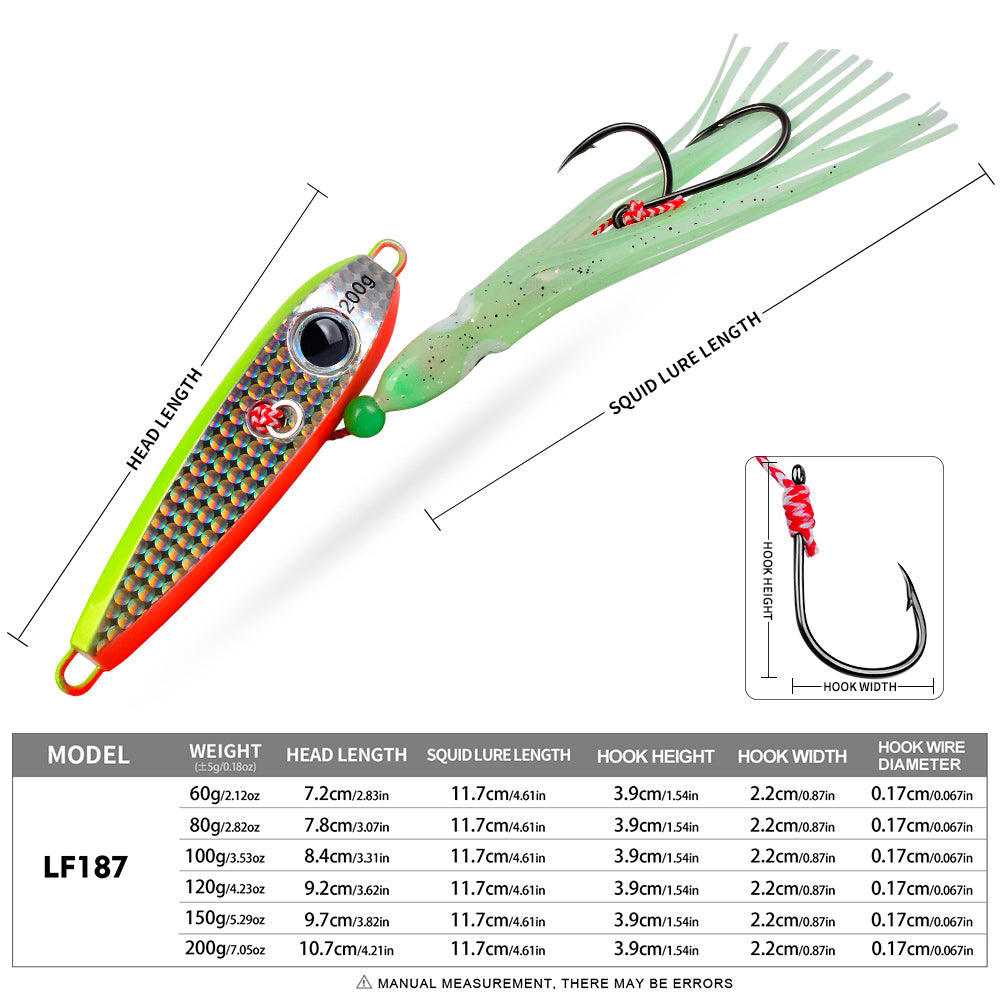 KATYUSHA Metal Jig Lure, 60g-200g, with Luminous Squid Assist Saltwater Deep-Sea Jigging Bait with Squid Skirt
