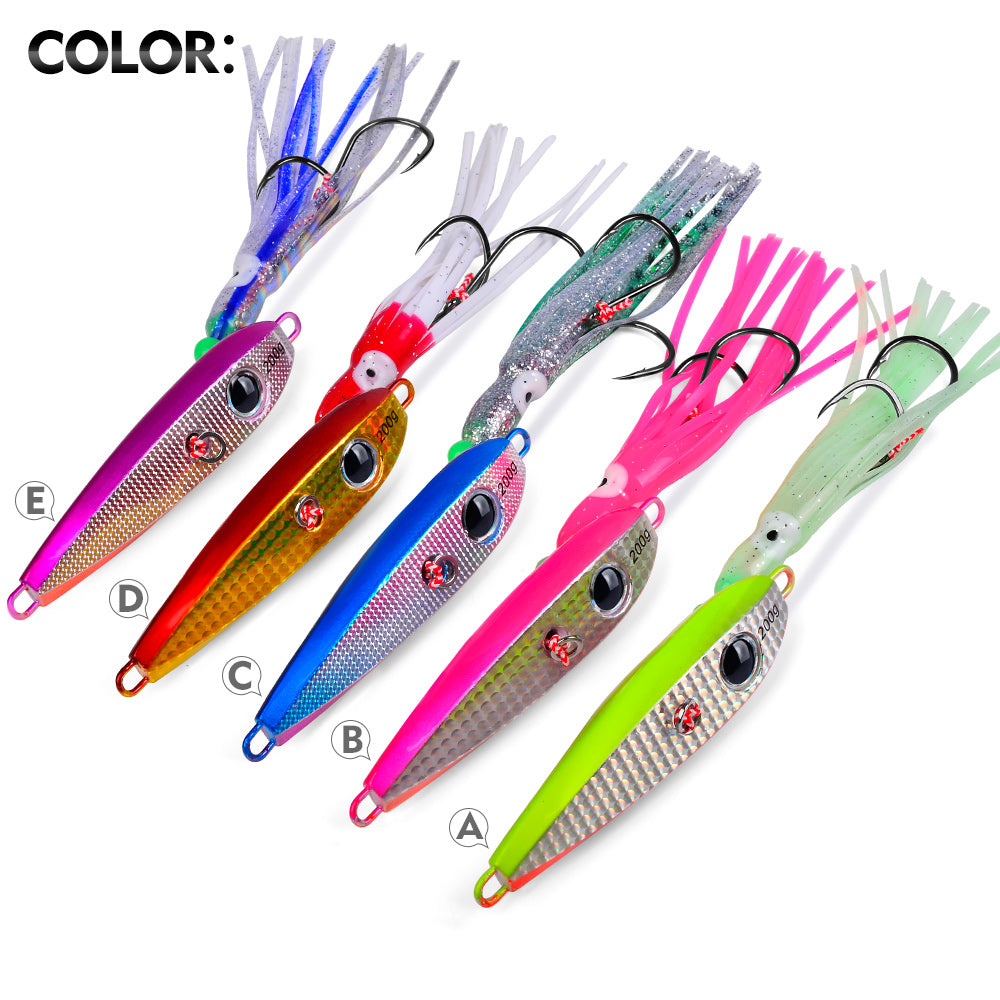 KATYUSHA Metal Jig Lure, 60g-200g, with Luminous Squid Assist Saltwater Deep-Sea Jigging Bait with Squid Skirt
