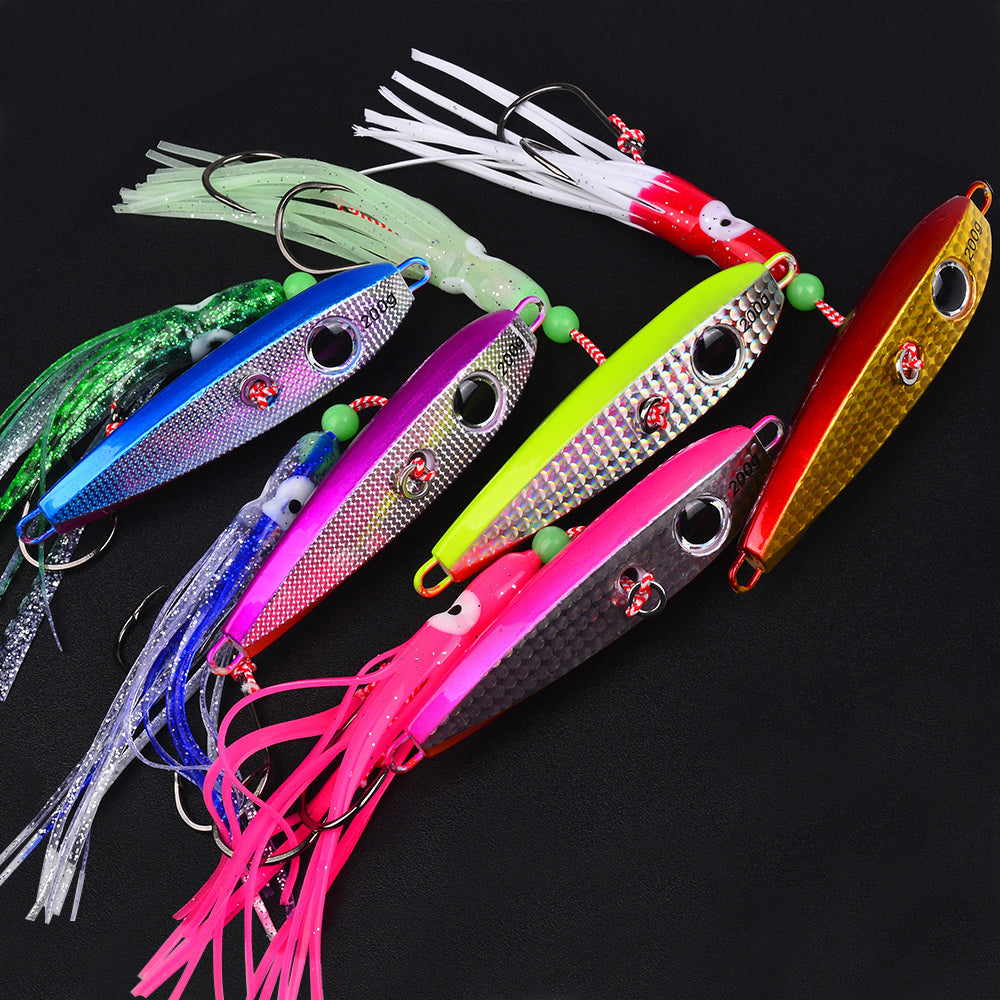 KATYUSHA Metal Jig Lure, 60g-200g, with Luminous Squid Assist Saltwater Deep-Sea Jigging Bait with Squid Skirt
