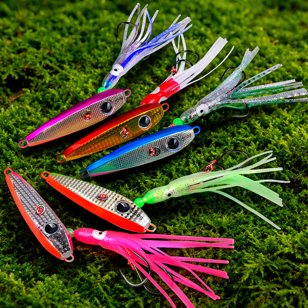 KATYUSHA Metal Jig Lure, 60g-200g, with Luminous Squid Assist Saltwater Deep-Sea Jigging Bait with Squid Skirt