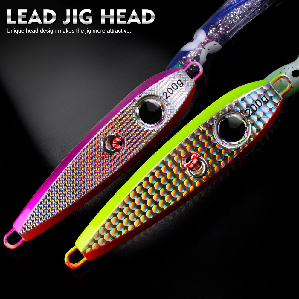 KATYUSHA Metal Jig Lure, 60g-200g, with Luminous Squid Assist Saltwater Deep-Sea Jigging Bait with Squid Skirt